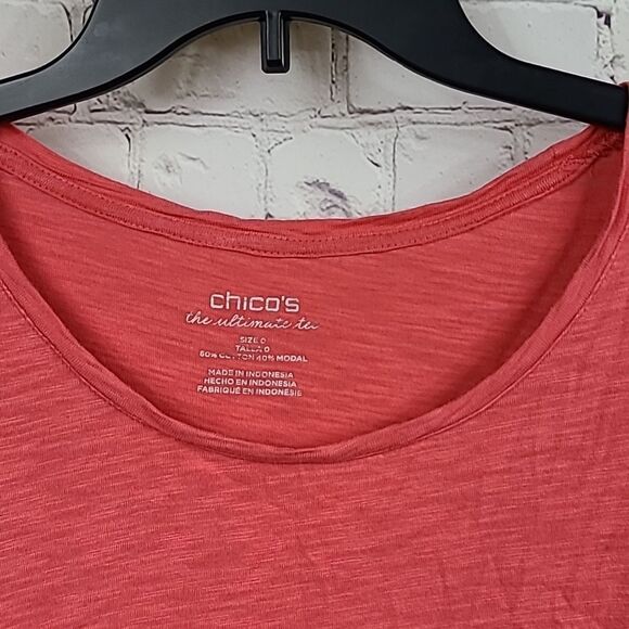 Chico's Ultimate Tee Revi Roll-Tab Slub Knit Top Party Punch Women's Coral Shirt - Picture 6 of 9